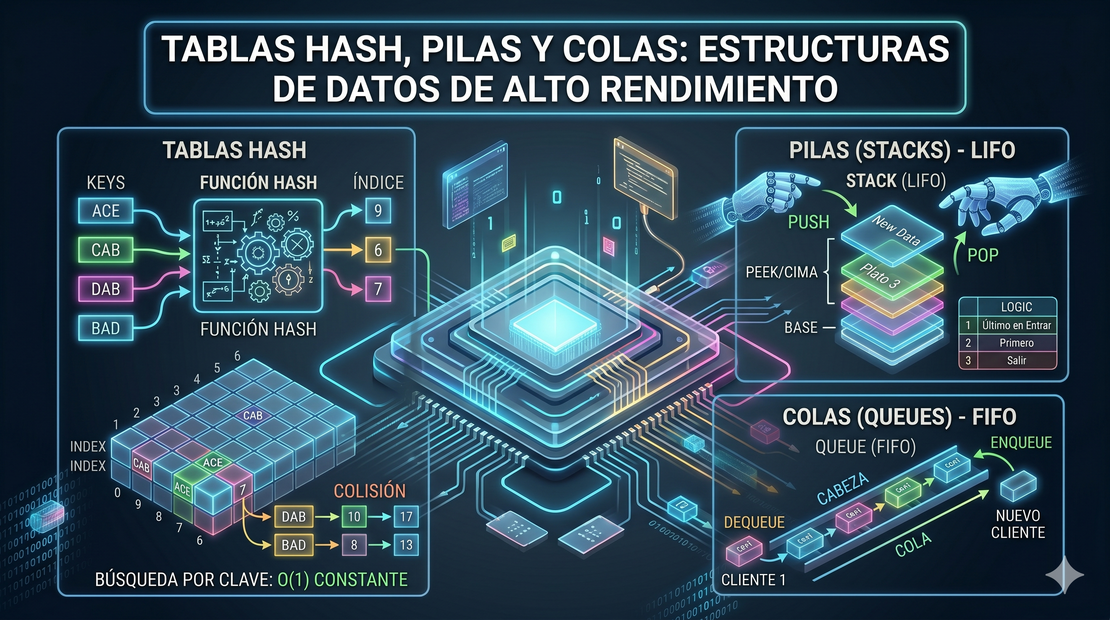 Tablas Hash, Pilas y Colas: Estructuras de Datos de Alto Rendimiento
